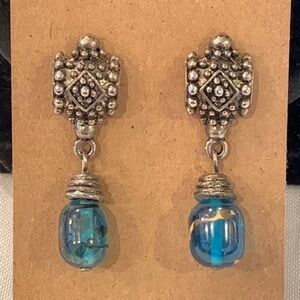 💐5/25 silver tone blue art glass round bead dangle drop